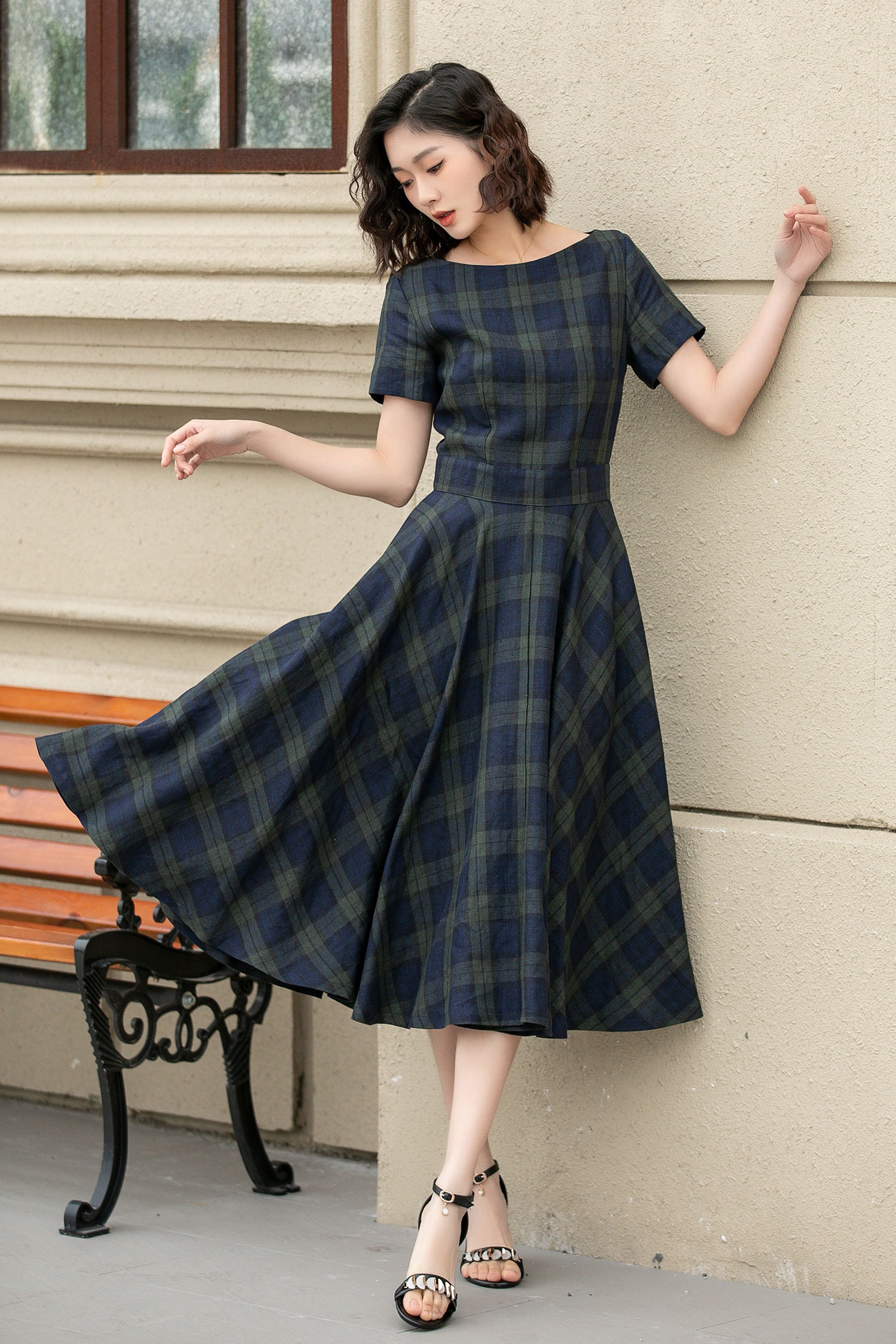 plaid fit-and-flare dress & bloomer Panel Drape Crepe Flared Midi Dress by ROLAND MOURET main image 0