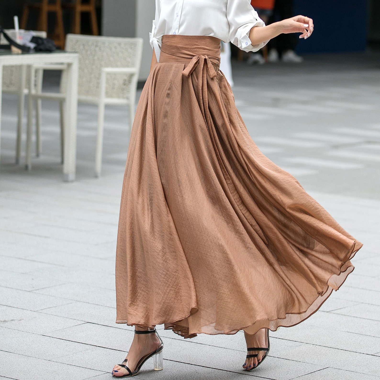 Dark Brown Patterned Chiffon Skirt with Belt Detail