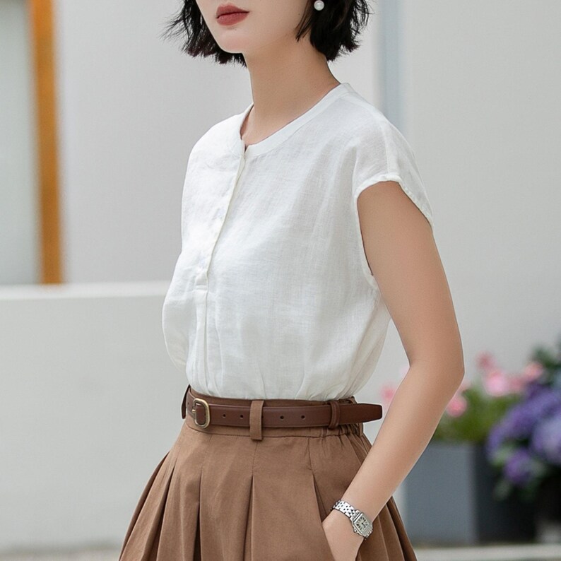 Blusa blanca de lino puro, estilo vintage con botones en la parte delantera, ideal para la oficina en verano, Xiaolizi 5992 imagen 4