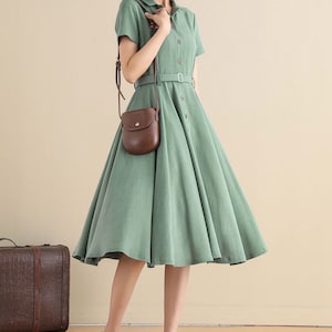 Vintage Inspired Swing Midi Dress Women, Fit and Flare Dress, 50s Work Dress, Short sleeve Button up Long Dress, Custom party dress 2318 5-green