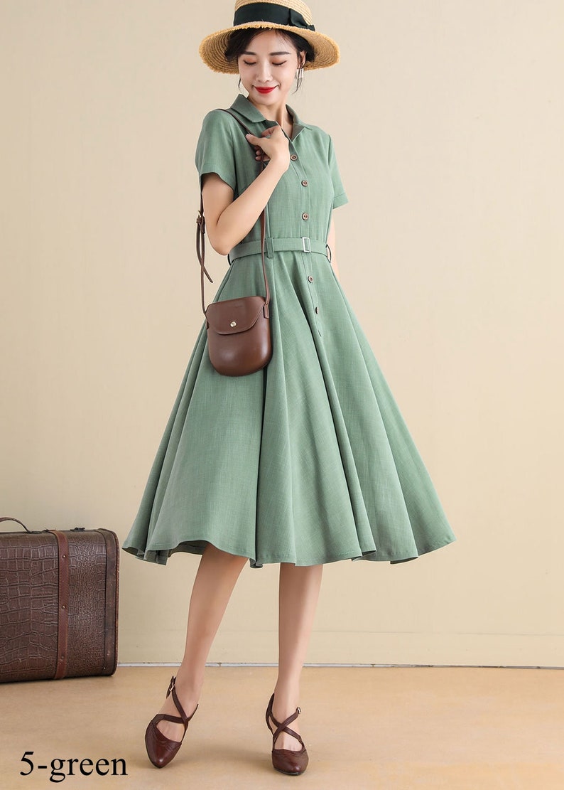 Vintage Inspired Swing Midi Dress Women, Fit and Flare Dress, 50s Work Dress, Short sleeve Button up Long Dress, Custom party dress 2318 5-green