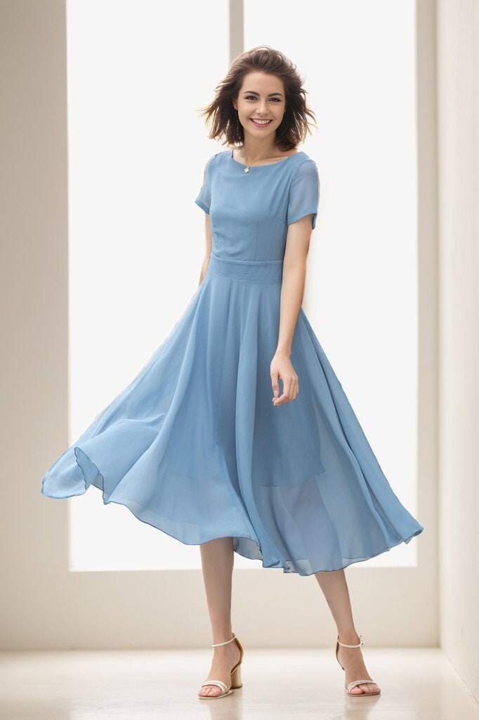 light blue chiffon midi dress Pastel Blue Chiffon Ruffled Sleeveless Midi Dress