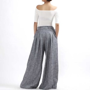 Women's Pleated High Waisted Wide Leg Pants, Belted Palazzo Trousers, Grey Linen pants, Long linen pants, women linen pants, Xiaolizi 0308 image 2