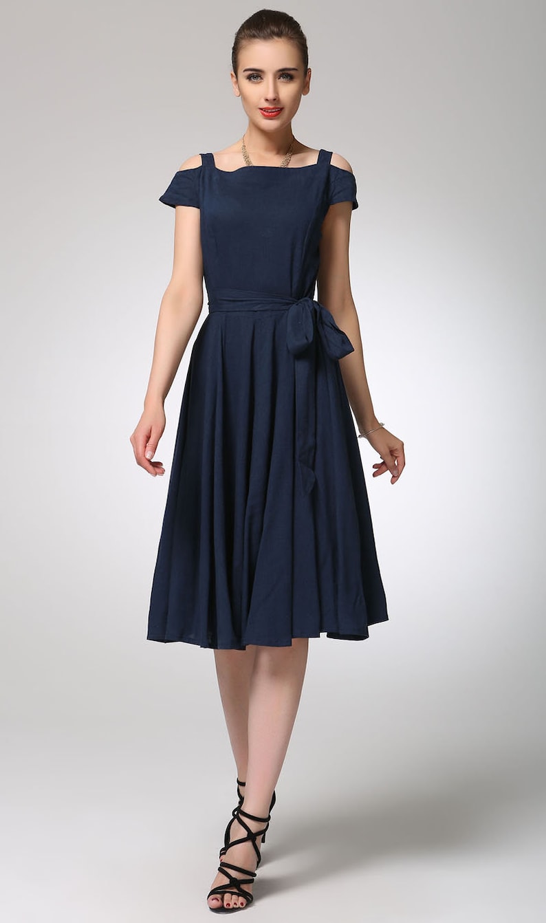 Vintage Fit & Flare Midi Dress off Shoulder Dress Navy Blue - Etsy