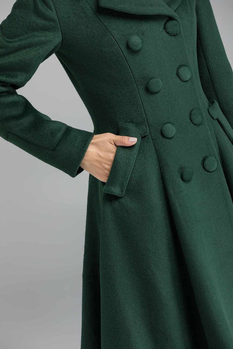 Vintage inspired wool green coat, Long wool coat, Winter coat women, Wool coat women, Double breasted wool coat, Custom coat, Xiaolizi 2398 image 8