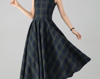 Linen Plaid Pinafore Dress, Fit and Flare Midi Dress, Custom