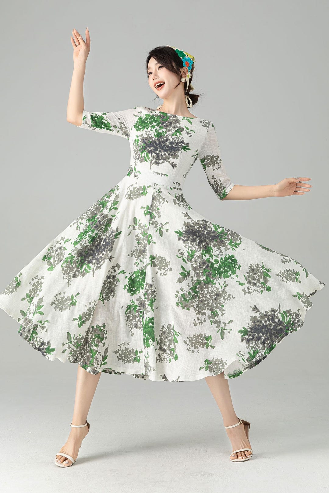 Boat Neck Tie Ruffle Trim Long Swing Dress