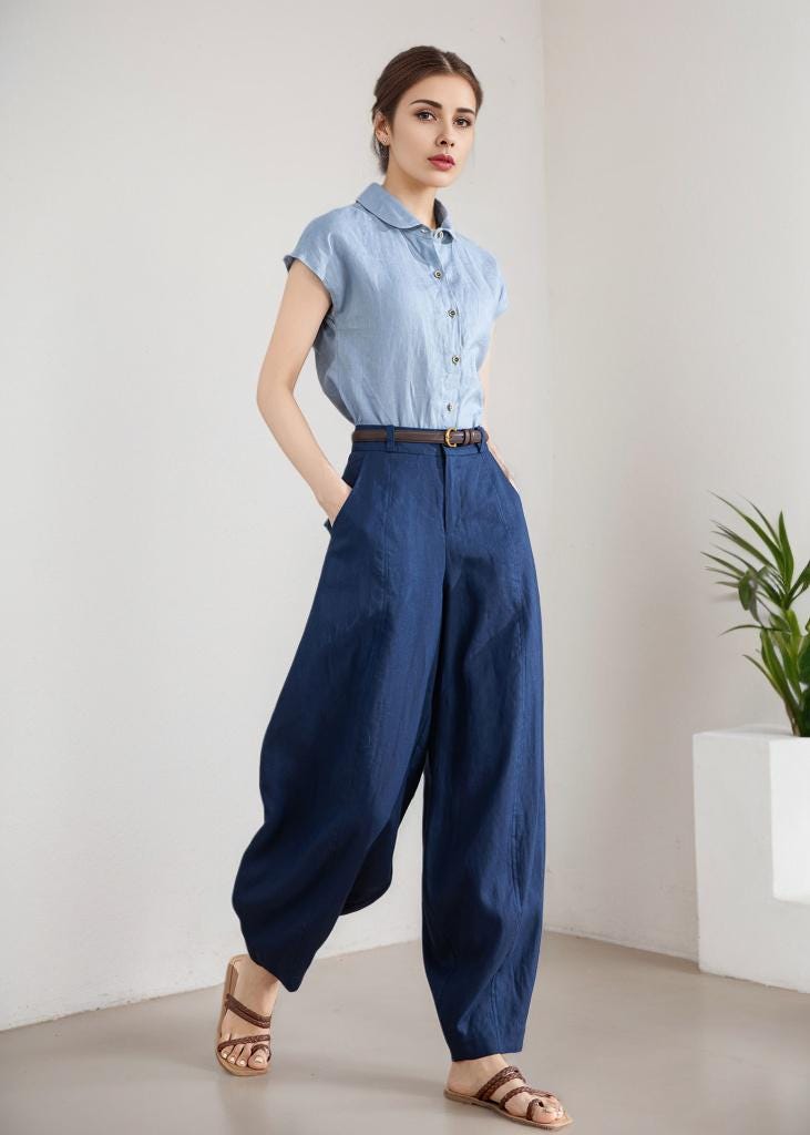 Onsoyours Pantaloni Larghi Donna In Lino – Vita Alta, Gamba Larga, Con Tasche – Colore Blu Navy, Taglia M – Estivi E Comodi