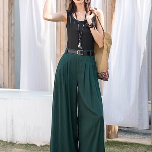 Women's Pleated High Waisted Wide Leg Pants, Belted Palazzo Trousers, Grey Linen pants, Long linen pants, women linen pants, Xiaolizi 0308 4-Green-0472