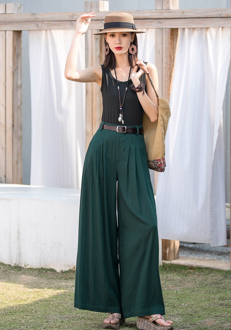 Women's Pleated High Waisted Wide Leg Pants, Belted Palazzo Trousers, Grey Linen pants, Long linen pants, women linen pants, Xiaolizi 0308 4-Green-0472