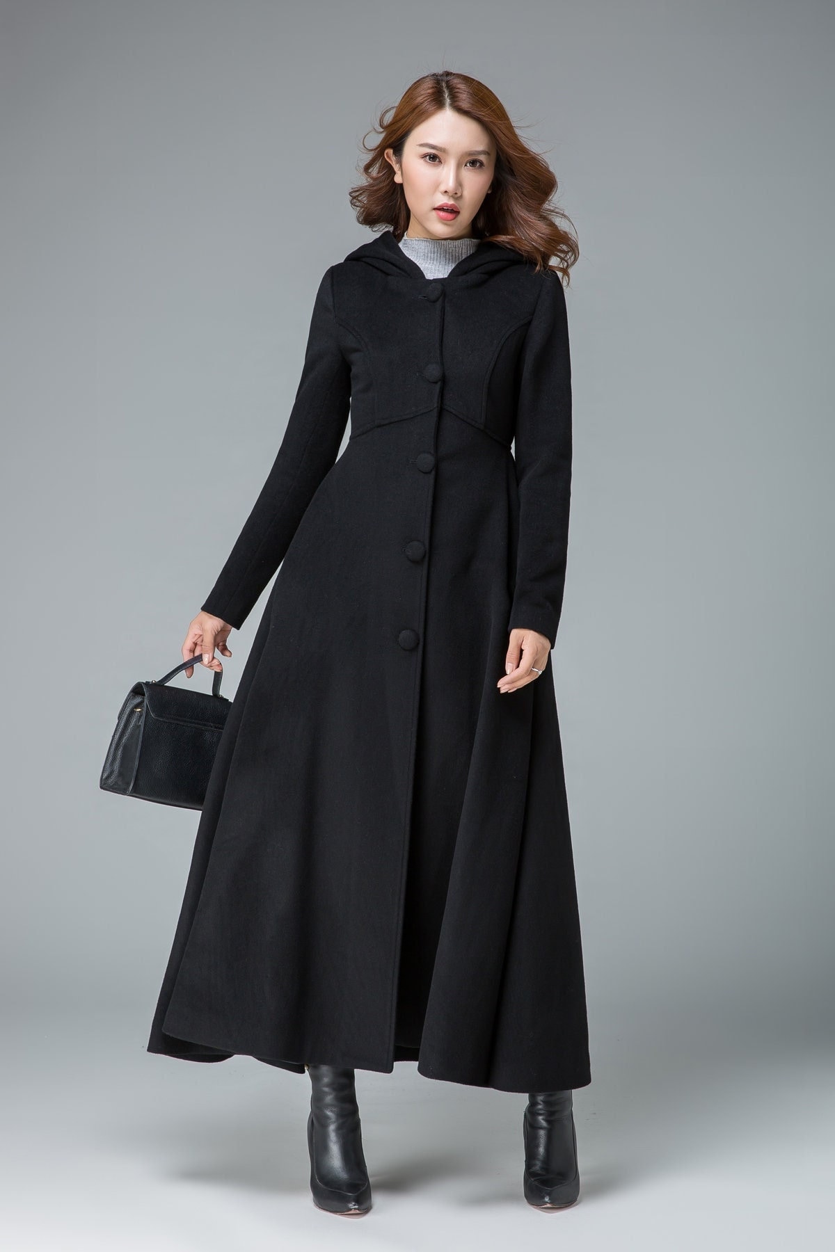 Winter Long Hooded Wool Princess Coat Women, Vintage Winter Long Hooded Wool Princess Coat Women, Vintage