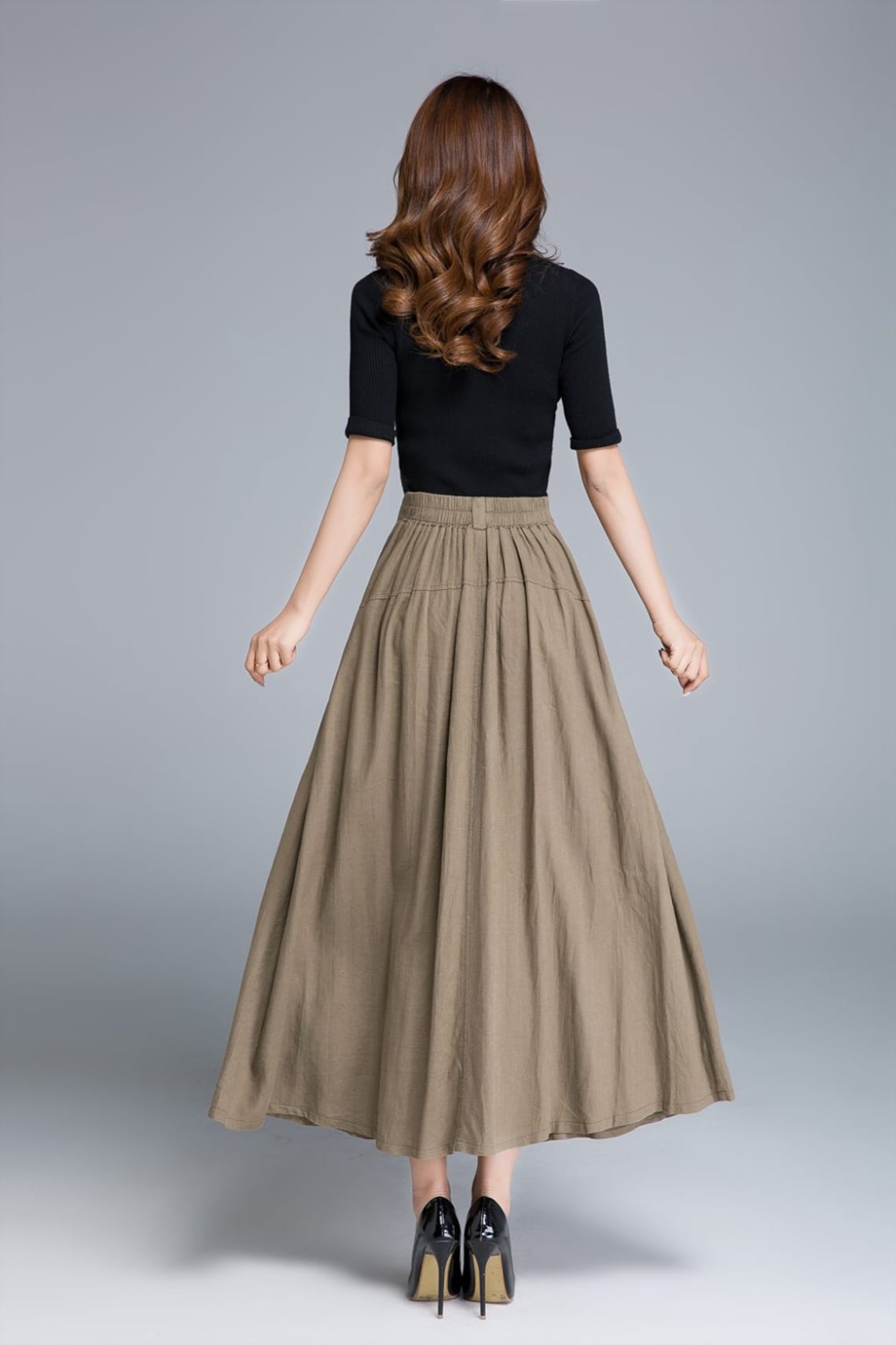 Khaki skirt linen skirt pleated skirt pocket skirt button Etsy