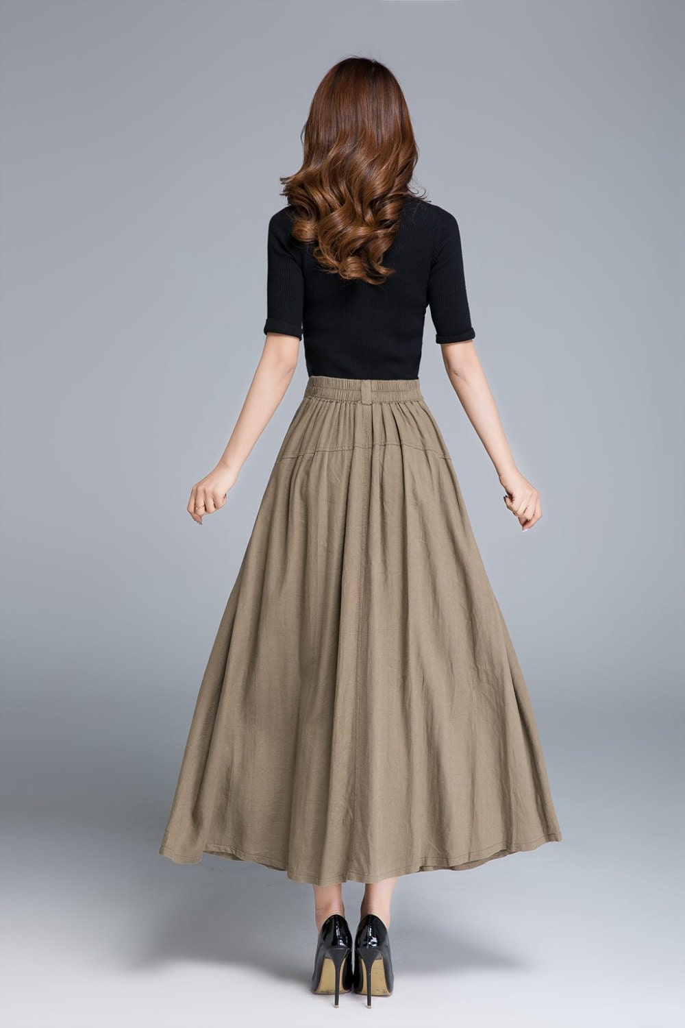 Khaki skirt linen skirt pleated skirt pocket skirt button Etsy