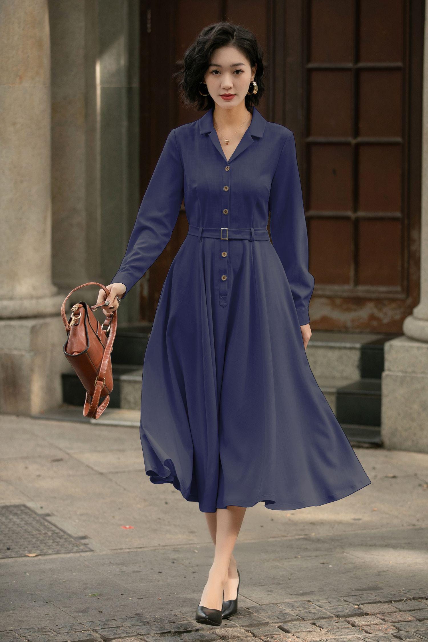 Navy Blue Midi Shirt Dress: Cotton A-line Work Dress, Semi-formal