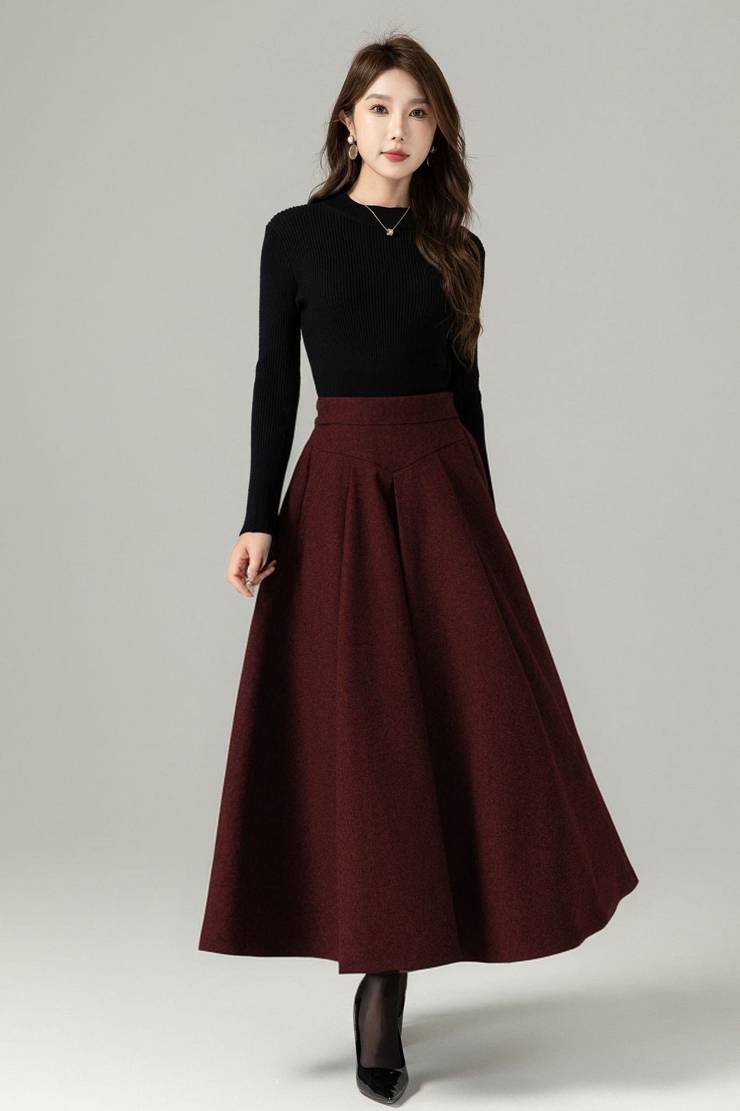 【大幅値下げ】HOLIDAY WOOLDRAWSTRINGS MINISKIRT Women's Black Merino Wool Skirt - Knee-Length Wool Skirt