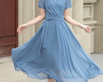 Chiffon Dress, Summer Woman Wrap Dress, Short Sleeve V Neck