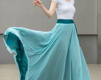 Blue Long Chiffon Maxi Skirt Women, Swing Full Circle Skirt