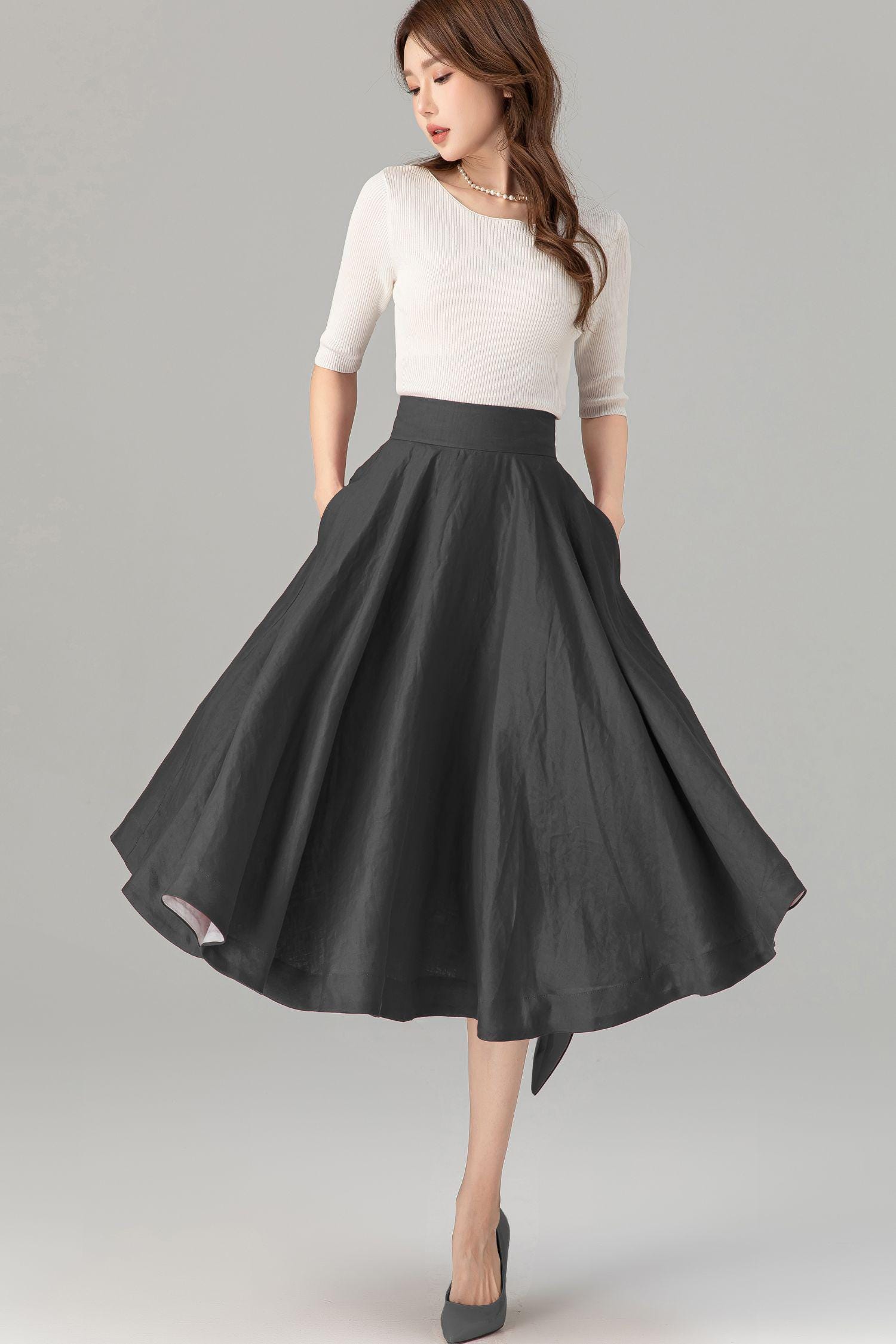 Dark Gray Fall Swing Linen Midi Skirt, Womens Knee Length Circle