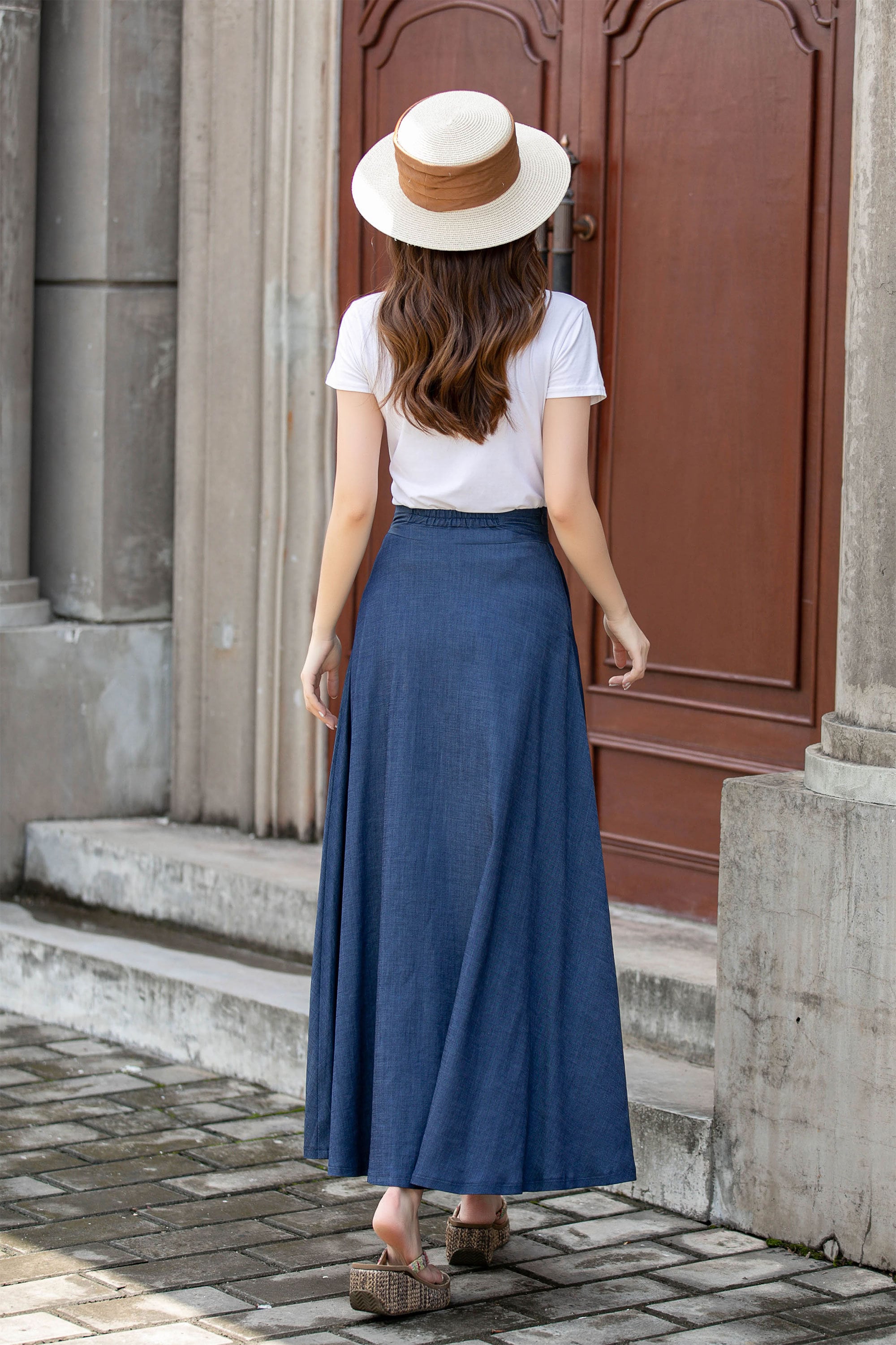 Denim Blue Maxi Skirt, Tencel Blend A-line Long Skirt With Pockets