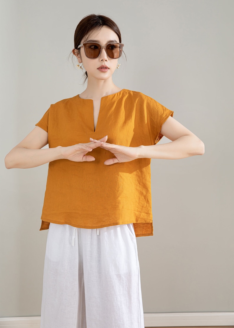 Yellow Linen Shirt, Womens Linen Top, Short Sleeve Casual Linen Blouse, Organic Linen Top, Plus Size Linen, Custom Shirt, Xaolizi 4207 Yellow