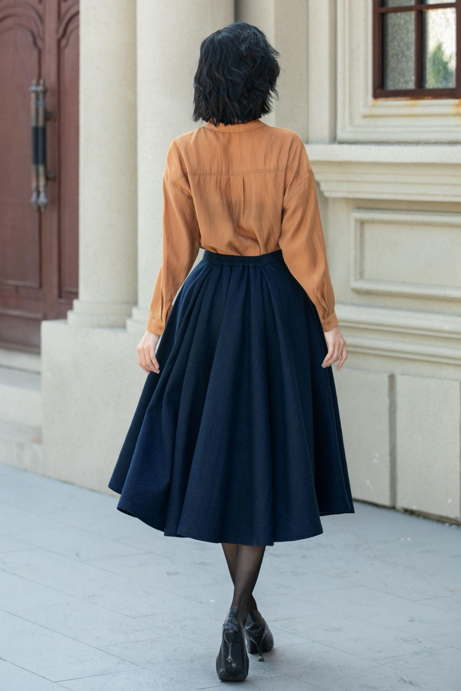 Dark Blue Wool Skirt, Womens Midi Wool Circle Skirt, Winter Skirt