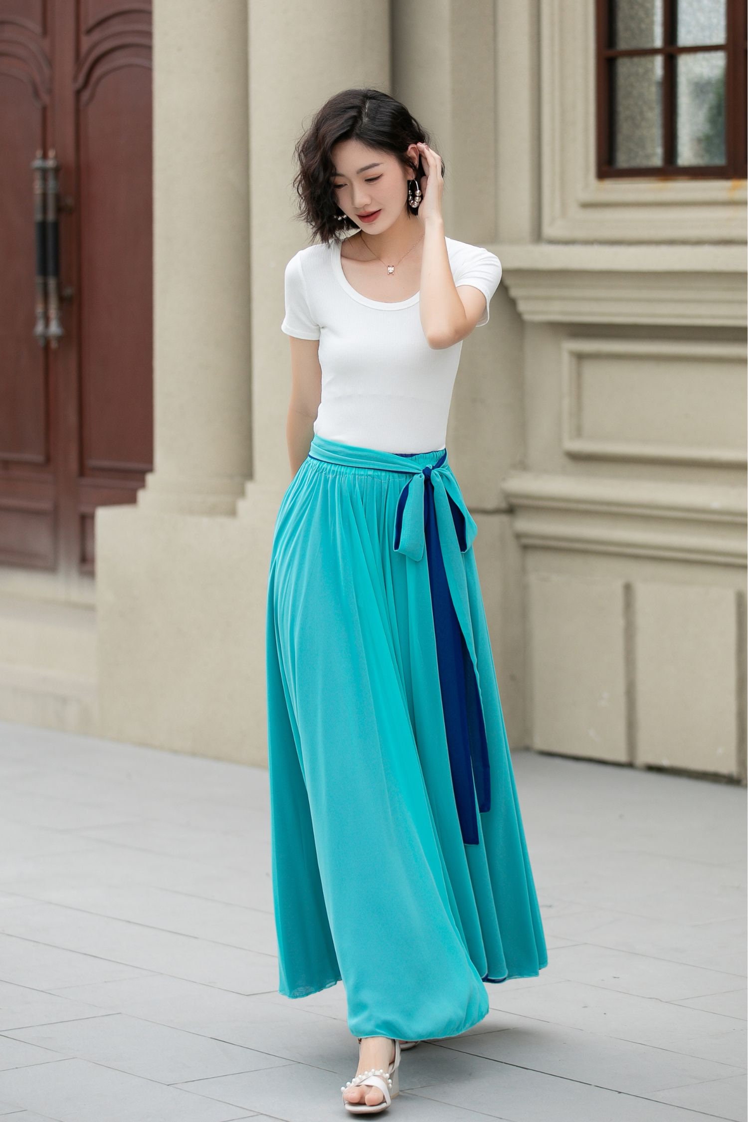 【INCHANT ME】Basil Chiffon Wrap Skirt Full circle linen wrap skirt in Teal color – JurgaLinen
