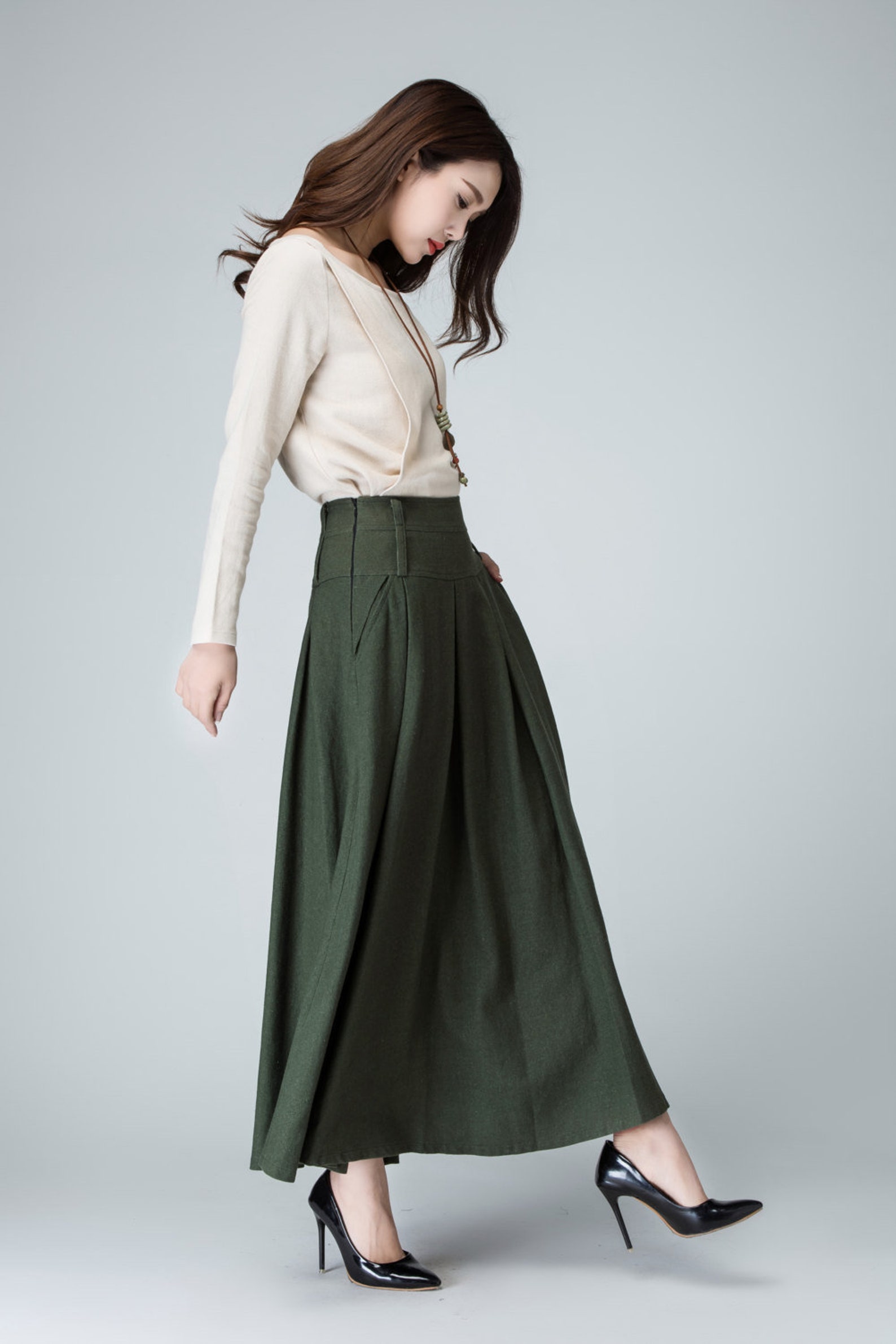 Olive Green Skirt Long Skirt Pleated Maxi Skirt Linen Etsy
