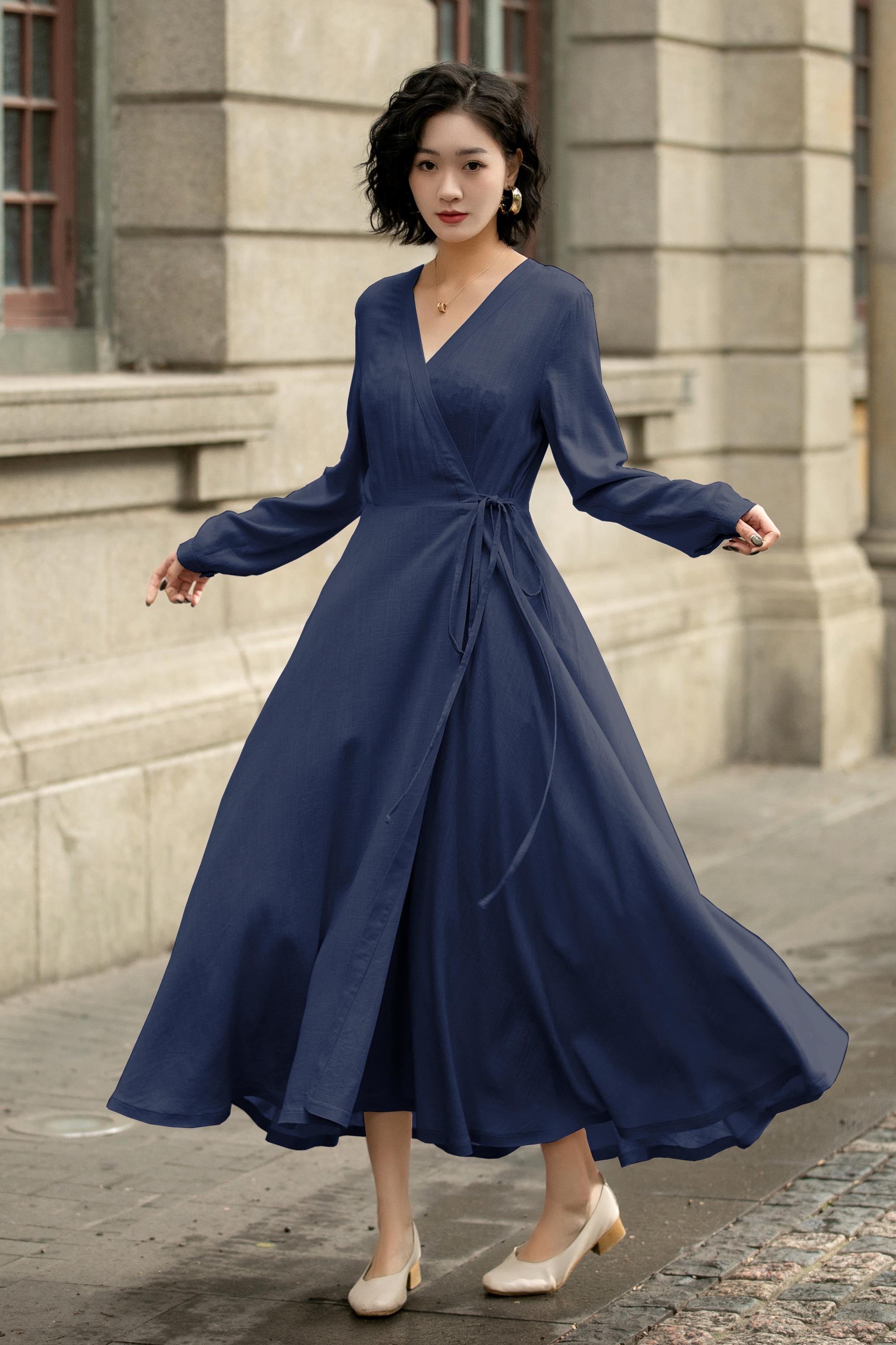 Navy Blue Linen Wrap Dress, Long Sleeve Maxi Dress, V-Neck, Custom, Xiaolizi 6301