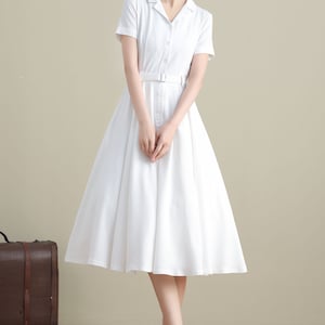 Vintage Inspired Swing Midi Dress Women, Fit and Flare Dress, 50s Work Dress, Short sleeve Button up Long Dress, Custom party dress 2318 7-white