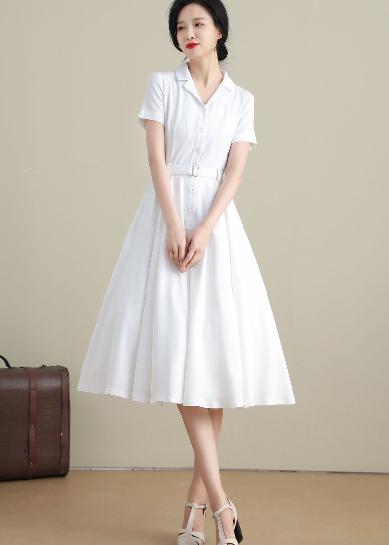 Vintage Inspired Swing Midi Dress Women, Fit and Flare Dress, 50s Work Dress, Short sleeve Button up Long Dress, Custom party dress 2318 7-white