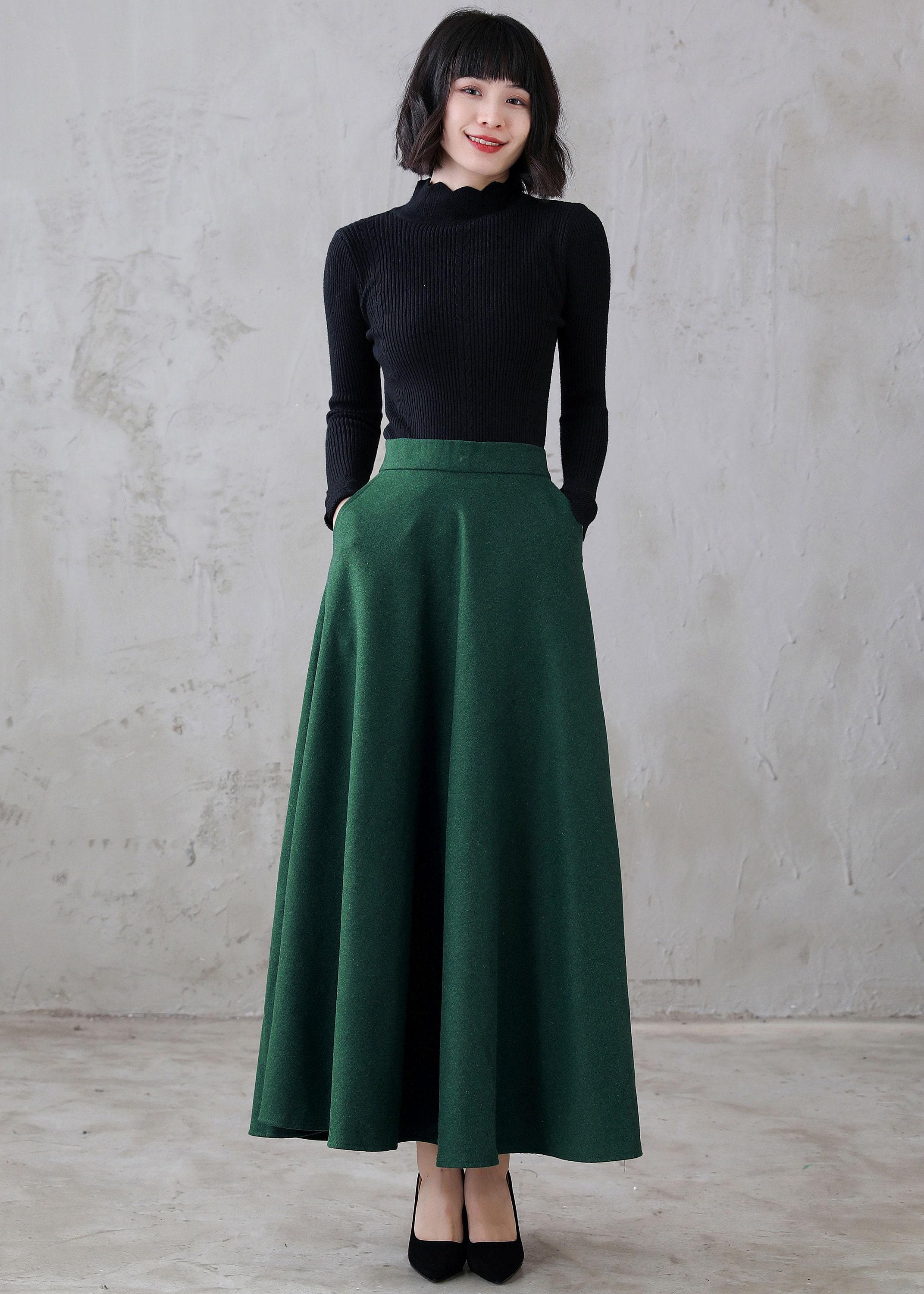Green Wool Maxi Skirt Women, A Line Long Wool Skirt, Retro