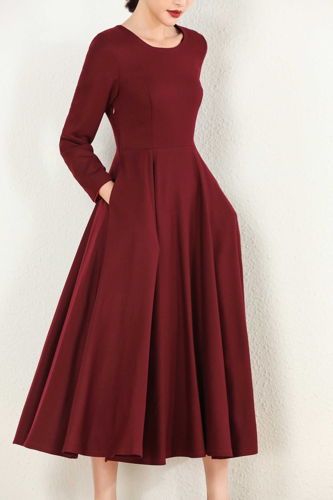 Burgundy wool dress Long sleeve wool dress Long Wool dress | Etsy