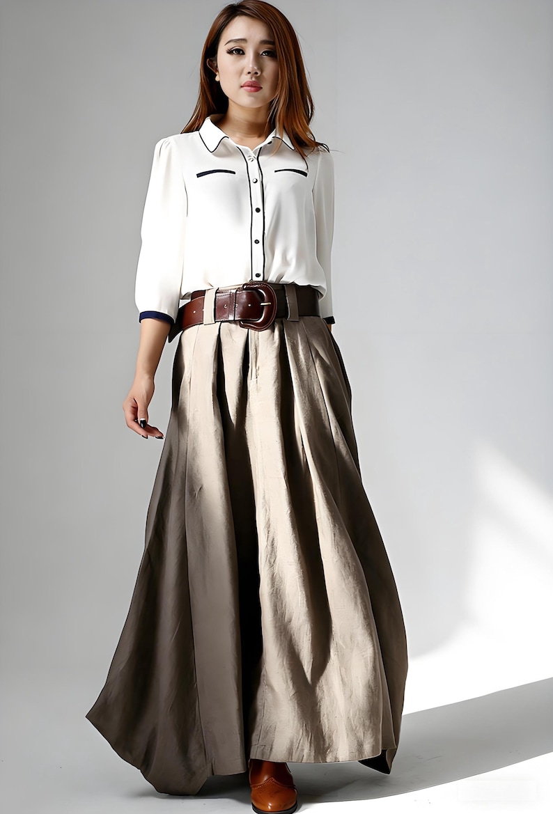Linen Maxi Skirt, Big Pockets, Asymmetrical Long Skirt, Custom, Xiaolizi 0905# image 2