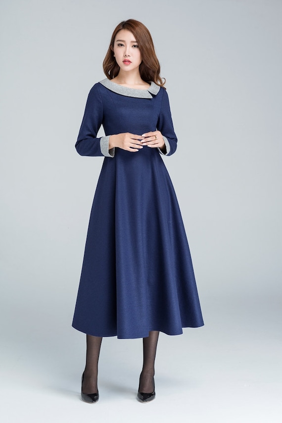 Winter Wool Dress Vintage, Long Women Dresses, Warm Winter Dress