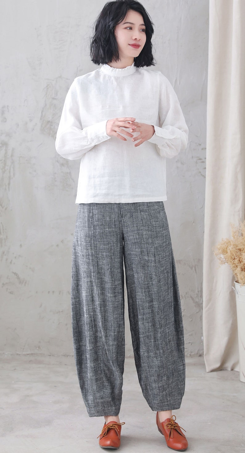 Women's white Linen Blouse, Plus Size Blouse, Minimalist Blouse, Long Sleeve Linen Blouse, Spring Summer Blouse, Custom Tops, Xiaolizi 3344 image 4