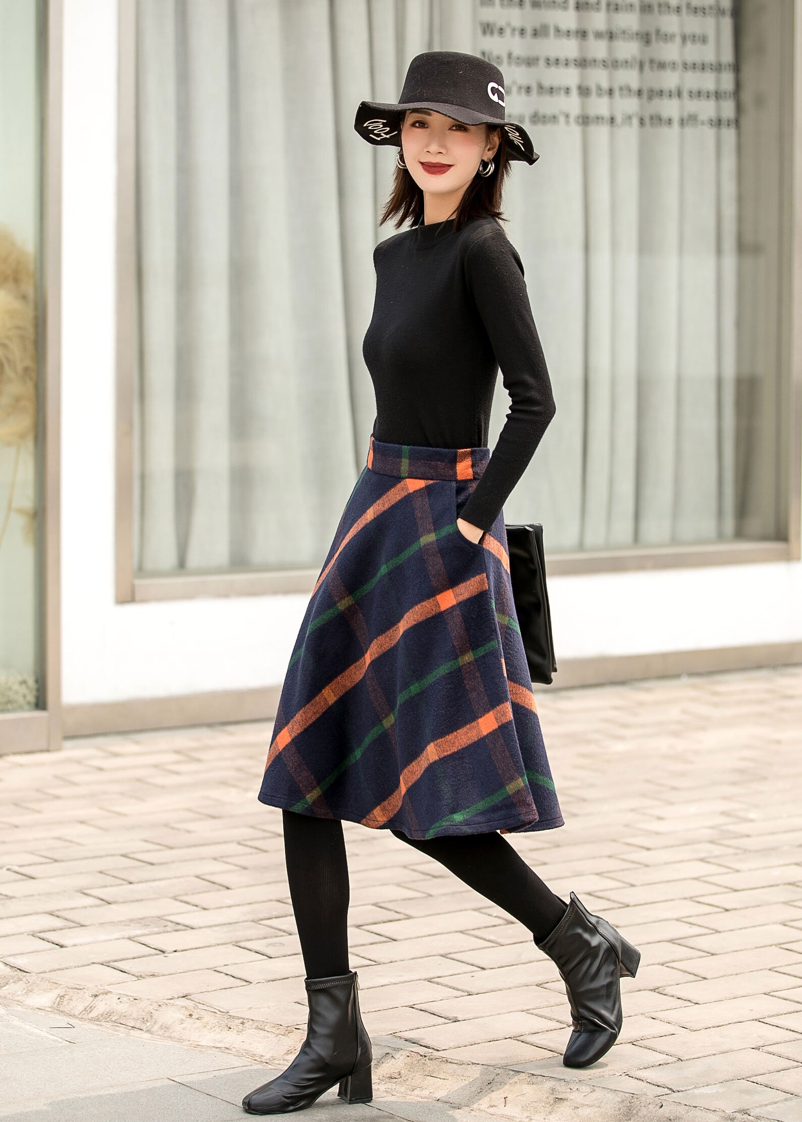 Knee Length Plaid Wool Skirt in Blue Winter/Autumn Wool Skirt Etsy
