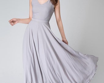 sachin and babi light blue dress Gray Chiffon Maxi Dress, Sleeveless Fit and Flare, Custom, Xiaolizi 1525#