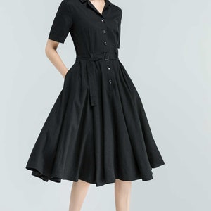 Vintage Inspired Swing Midi Dress Women, Fit and Flare Dress, 50s Work Dress, Short sleeve Button up Long Dress, Custom party dress 2318 3- Black