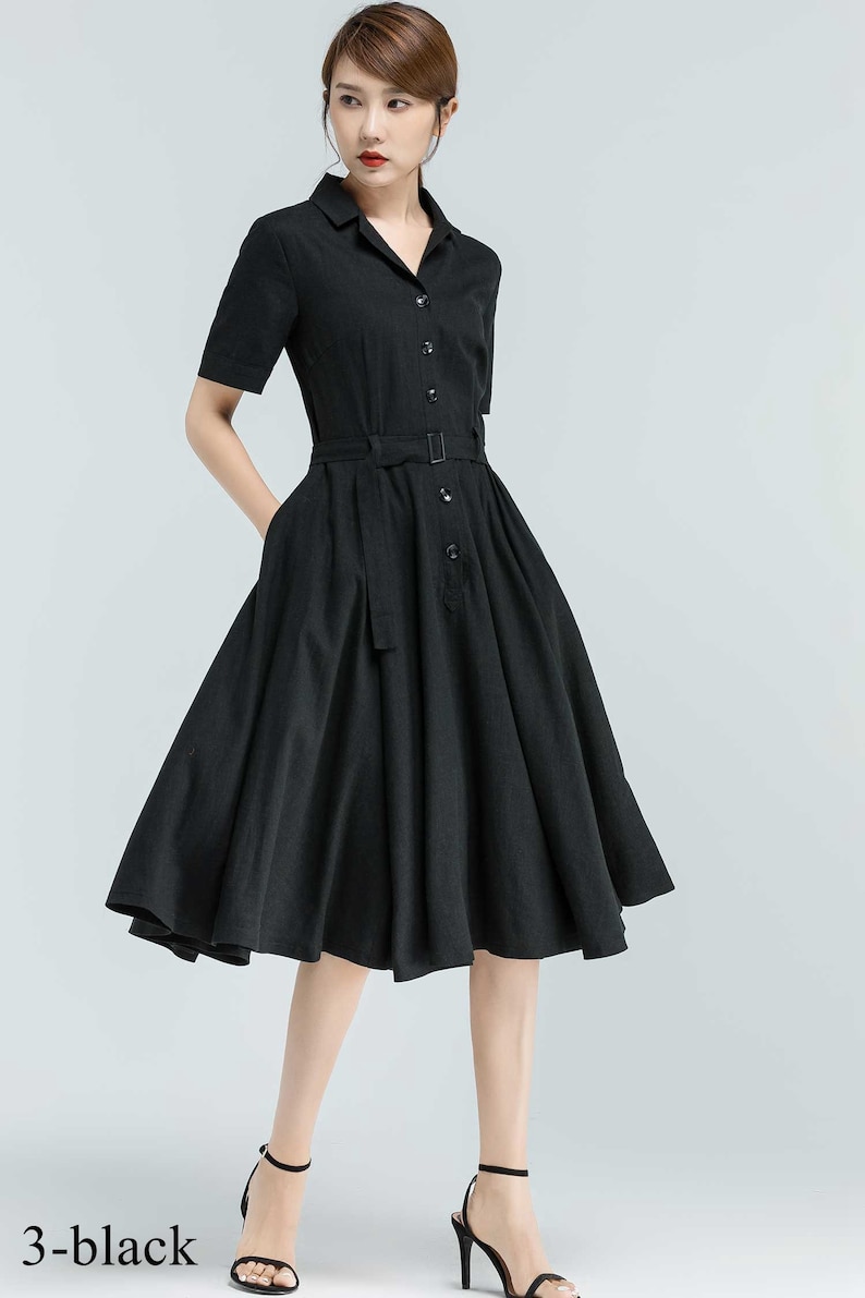 Vintage Inspired Swing Midi Dress Women, Fit and Flare Dress, 50s Work Dress, Short sleeve Button up Long Dress, Custom party dress 2318 3- Black