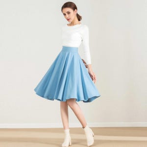 Jupe taille haute en laine, jupe trapèze midi en laine circulaire, jupe évasée midi en laine, jupe plissée en laine vintage, jupe patineuse d'hiver, Xiaolizi 1633# 6-Blue