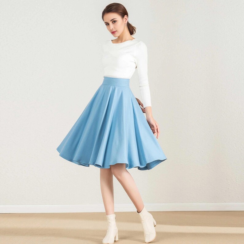 Jupe taille haute en laine, jupe trapèze midi en laine circulaire, jupe évasée midi en laine, jupe plissée en laine vintage, jupe patineuse d'hiver, Xiaolizi 1633# 6-Blue