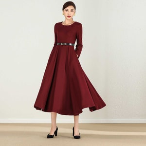 Vintage Inspired Winter Wool Dress Women, Mandarin Collar Wool Dress, A-line  Green Wool Dress, Retro Swing Long Dress, Xiaolizi 1621 