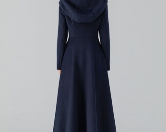 Navy Blue Wool Coat, Long Swing Wool Coat, Hooded Wool Coat