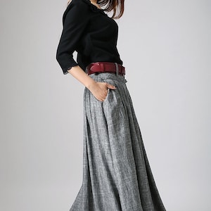 women linen maxi skirt, swing long pleated skirt, gray skirt, pockets skirt, casual skirt, xiaolizi 0911 image 3