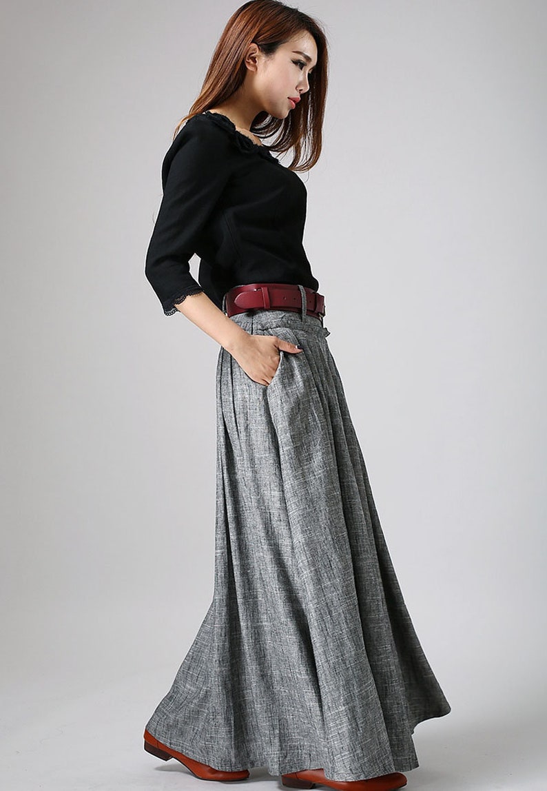 women linen maxi skirt, swing long pleated skirt, gray skirt, pockets skirt, casual skirt, xiaolizi 0911 image 3