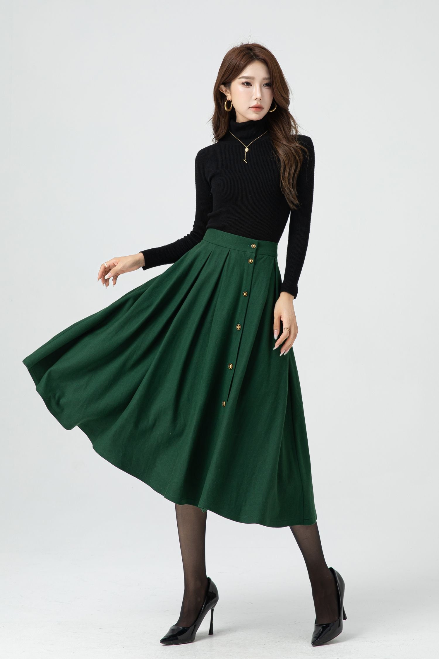 ◆Loulouseoul◆ Joy Wool Check Midi Skirt Green S12831 kerra24_e5f6831c-9423-404a-