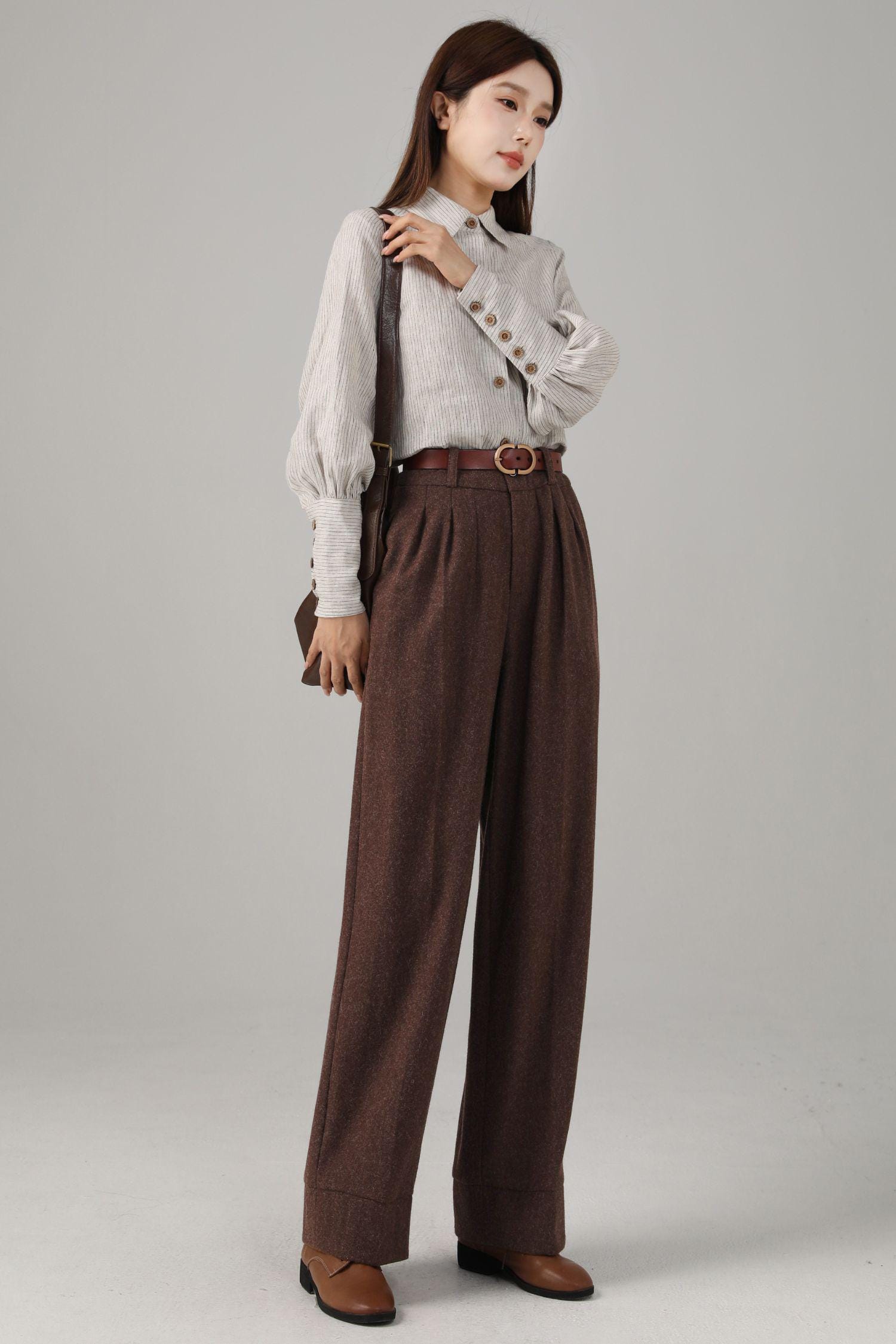 Brown Wool Blend Wide Leg Pants: High Waist Long Trousers, Custom