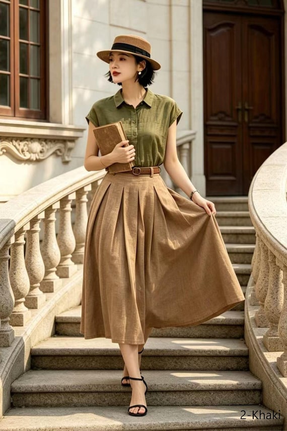 Khaki Linen Midi Skirt for Women - High Waisted A-Line Pleated Skirt with Pockets - Vintage Style Summer Office Wear, Xiaolizi 5982