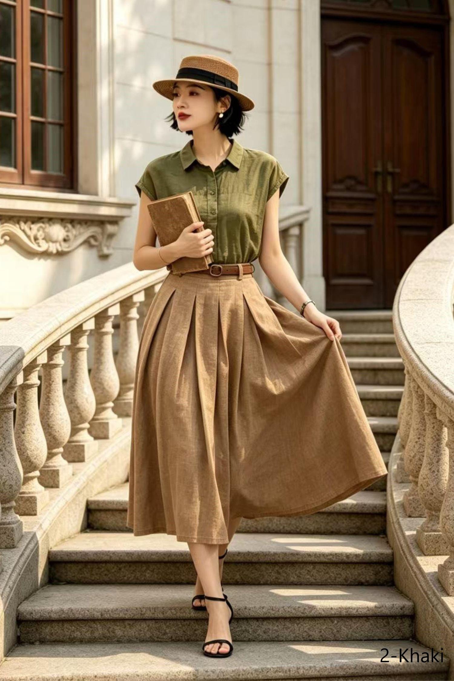 Khaki Linen Midi Skirt for Women - High Waisted A-line Pleated