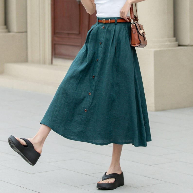 Linen skirt, Women's Midi skirt, A-Line linen Skirt, Button front Skirt, Dark Green Midi skirt with pockets, Plus size Skirt, Xiaolizi 4970 dark green